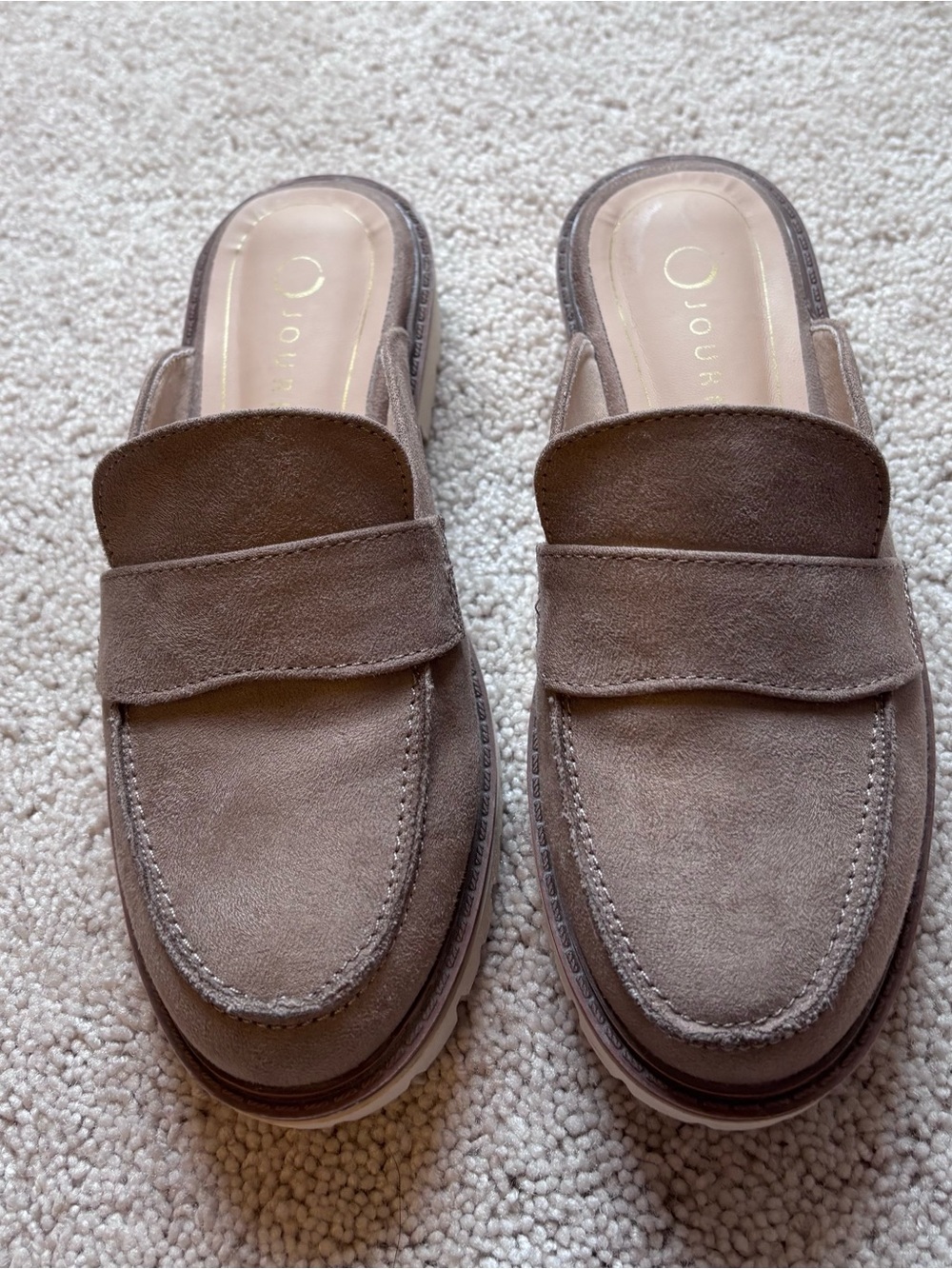 Journee Collection taupe 
 Suede Backless Loafer Mules with white platform heel